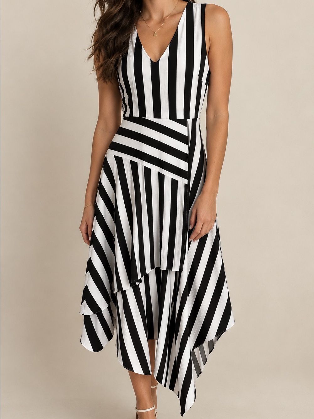 Vince Camuto | Black White Striped V-Neck Asymmetrical Dress | Women’s Size: 2